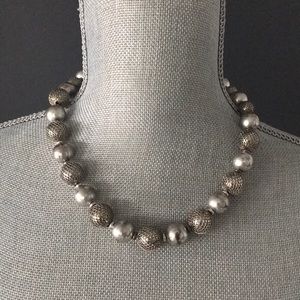 Banana Republic silver bead necklace, green ribbon